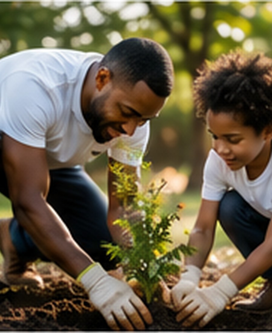 A parent and child planting together as a symbol of building a better future