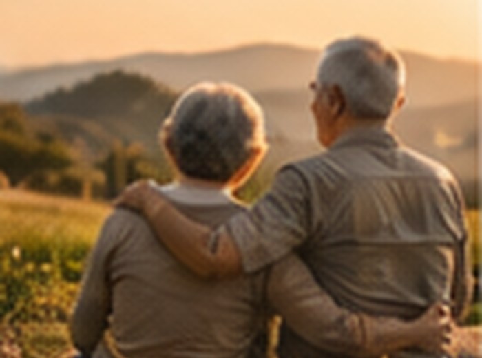 Two older people looking across a landscape